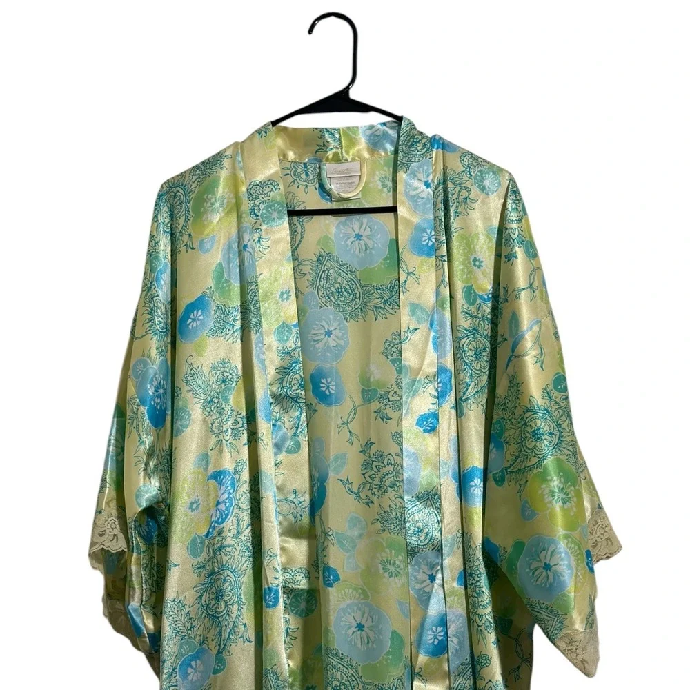 Secret Treasures Kimono Robe Tender Lemon Floral Paisley Lace Trim Satin Size XL